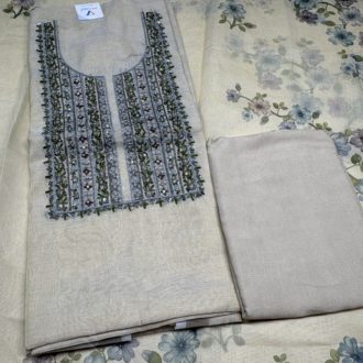 Premium Linen Tissue Dress Material with Kantha Work - Cream