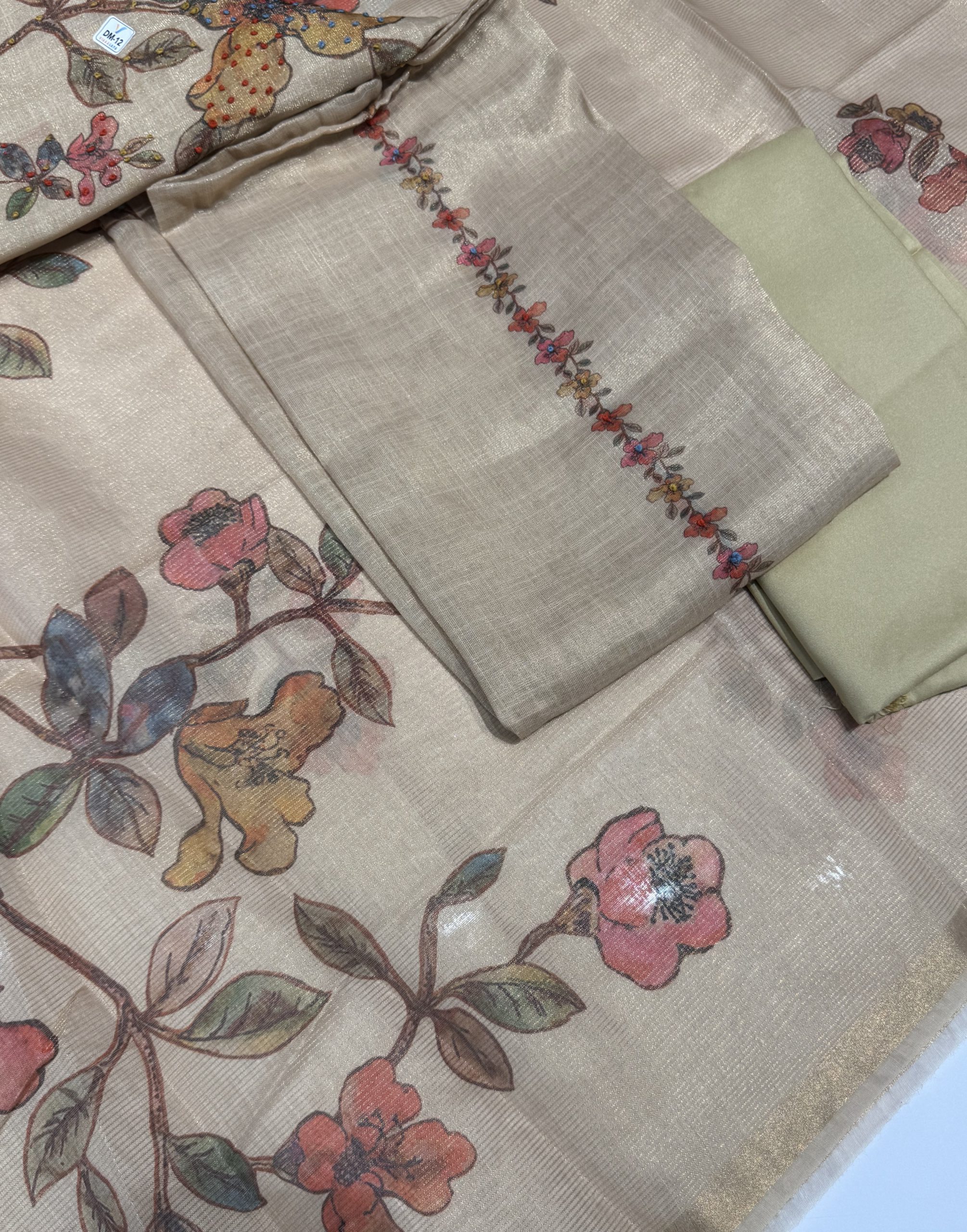 Linen Tissue Unstitched Dress Material with Floral Print and Embroidery, Sandal, 3-Piece Set - Image 4