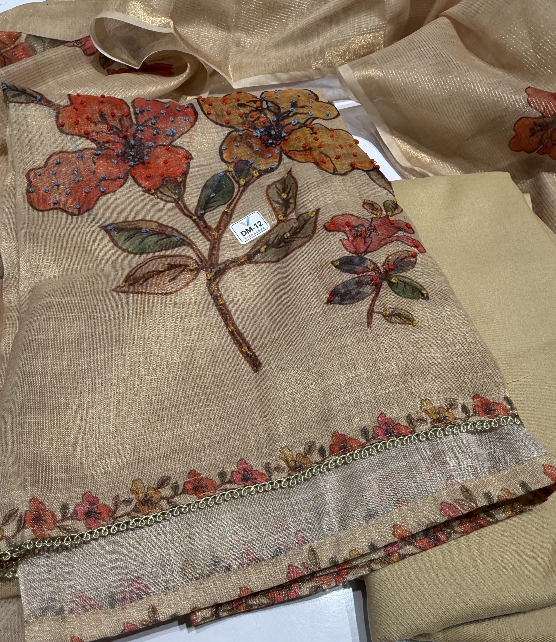 Linen Tissue Unstitched Dress Material with Floral Print and Embroidery, Sandal, 3-Piece Set - Image 3