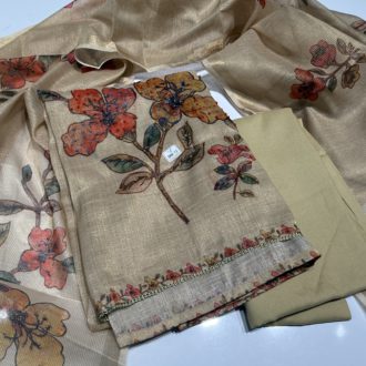 Linen Tissue Unstitched Dress Material with Floral Print and Embroidery, Sandal, 3-Piece Set