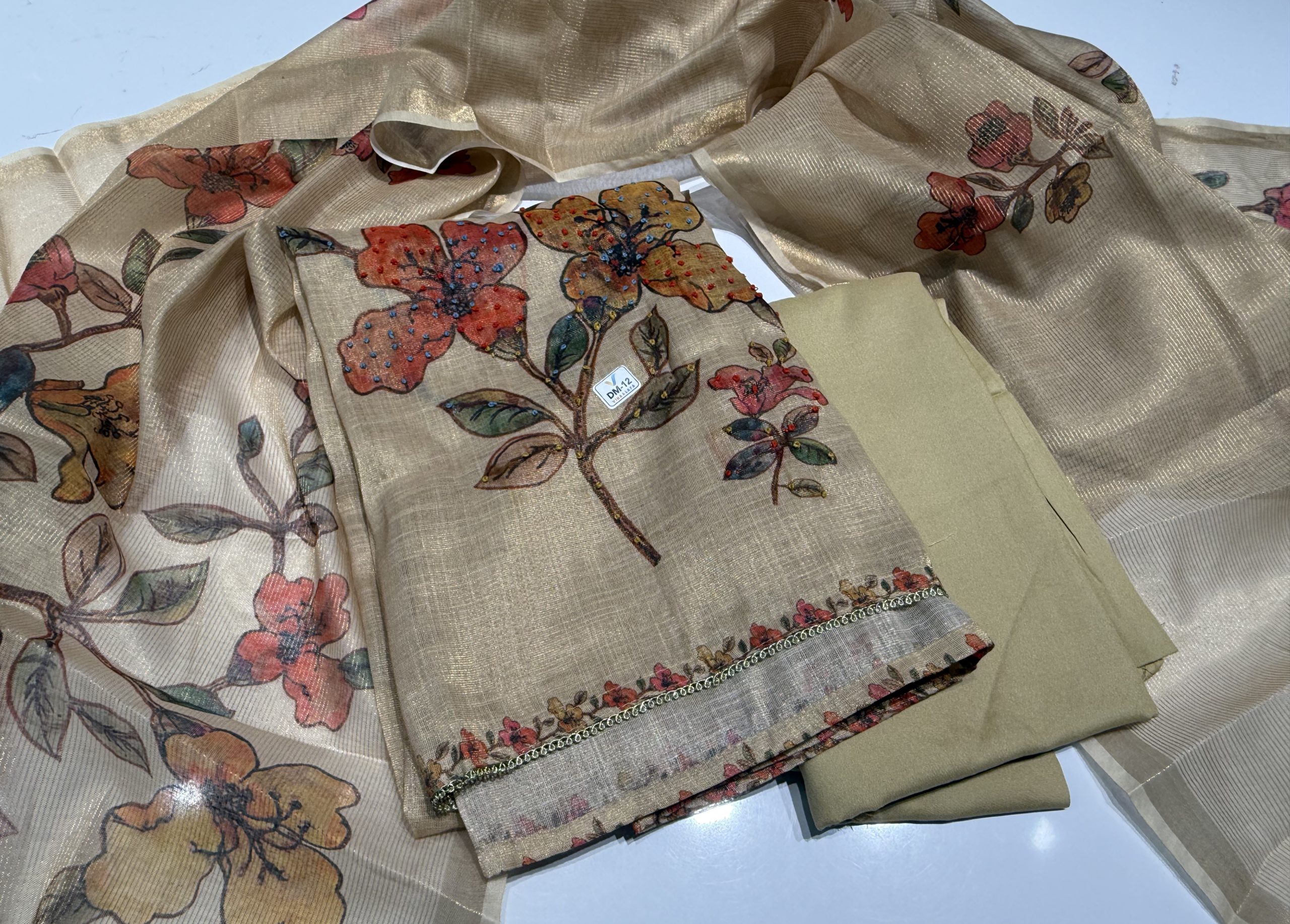 Linen Tissue Unstitched Dress Material with Floral Print and Embroidery, Sandal, 3-Piece Set