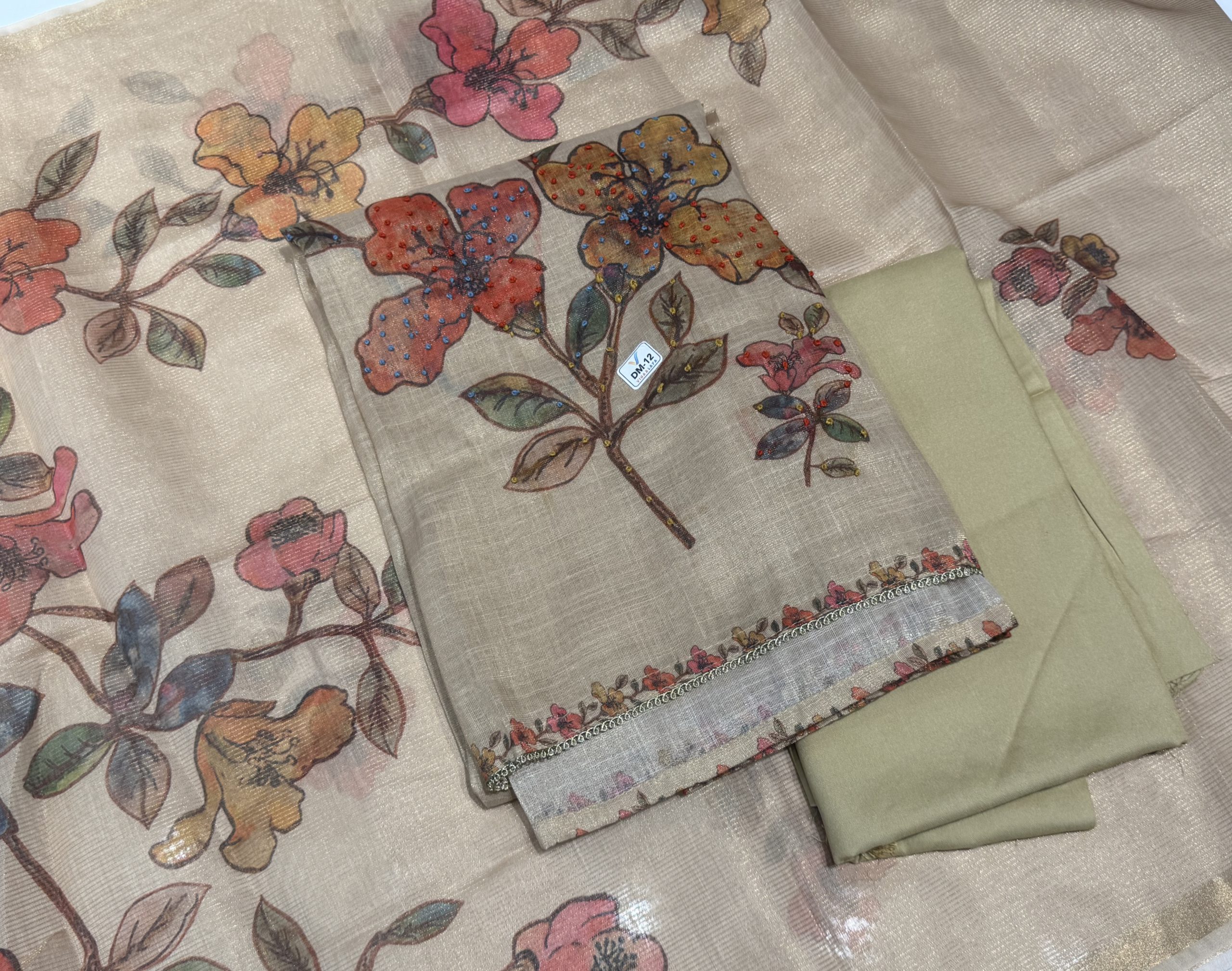 Linen Tissue Unstitched Dress Material with Floral Print and Embroidery, Sandal, 3-Piece Set - Image 2